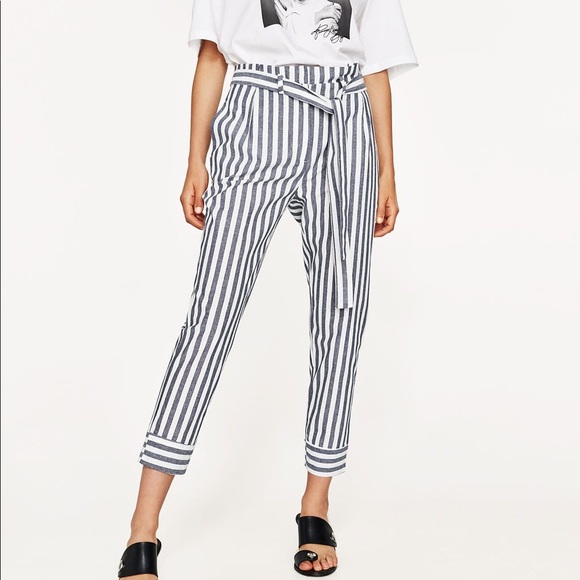NWT Zara Chambray Striped Paper Bag Waist Pants - Picture 3 of 5